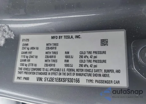 2025 Tesla Model 3 Long Range All-Wheel Drive из США, поврежденный, VIN 5YJ3E1EBXSF930166